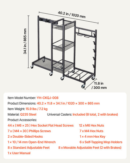 VEVOR Broom Holder with Cleaning Supplies Organizer, Metal Garage Storage, Cleaning Cart with Mop Hanger, for Home Broom, Detergent, Vacuum Cleaner, Heavy-Duty Steel Utility Holder, with Wheels, Black - CKGJSNJDXJSJW95MA001V0 - view 8