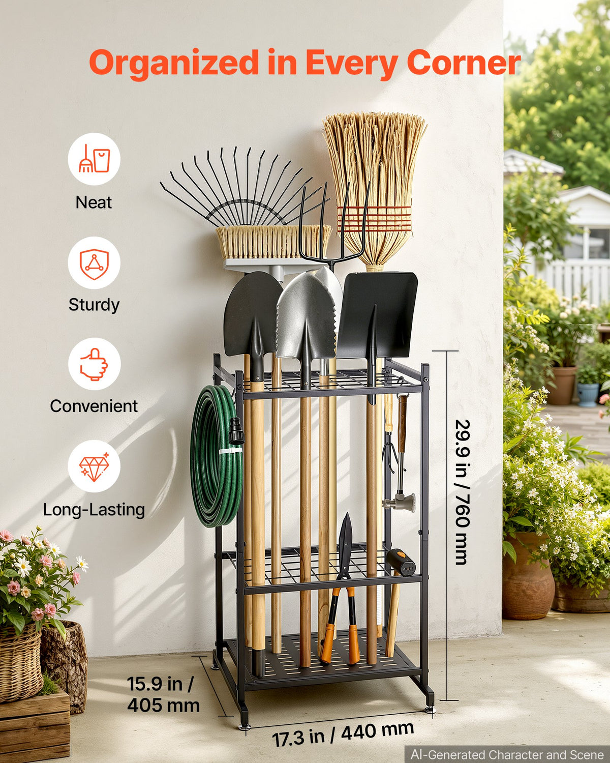 VEVOR Garden Tool Organizer, 35 Slots with Hooks, Metal Garage Storage Rack, for Rakes/Shovels/Brooms, Yard Utility Tool Holder for Shed/Outdoor/Lawn Organization, Heavy-Duty Steel, Freestanding,Black - CKGJSNJXXJSCJXDRH001V0 - view 3