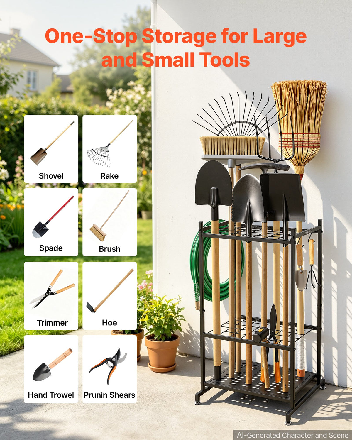 VEVOR Garden Tool Organizer, 35 Slots with Hooks, Metal Garage Storage Rack, for Rakes/Shovels/Brooms, Yard Utility Tool Holder for Shed/Outdoor/Lawn Organization, Heavy-Duty Steel, Freestanding,Black - CKGJSNJXXJSCJXDRH001V0 - view 6