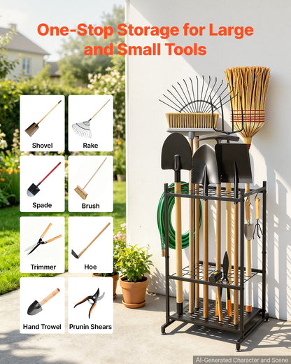VEVOR Garden Tool Organizer, 35 Slots with Hooks, Metal Garage Storage Rack, for Rakes/Shovels/Brooms, Yard Utility Tool Holder for Shed/Outdoor/Lawn Organization, Heavy-Duty Steel, Freestanding,Black - CKGJSNJXXJSCJXDRH001V0 - view 6