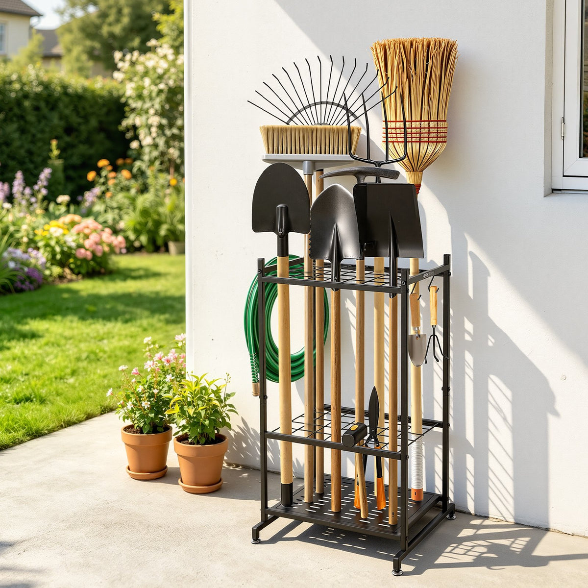 VEVOR Garden Tool Organizer, 35 Slots with Hooks, Metal Garage Storage Rack, for Rakes/Shovels/Brooms, Yard Utility Tool Holder for Shed/Outdoor/Lawn Organization, Heavy-Duty Steel, Freestanding,Black - CKGJSNJXXJSCJXDRH001V0 - view 9