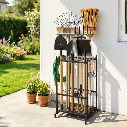 VEVOR Garden Tool Organizer, 35 Slots with Hooks, Metal Garage Storage Rack, for Rakes/Shovels/Brooms, Yard Utility Tool Holder for Shed/Outdoor/Lawn Organization, Heavy-Duty Steel, Freestanding,Black - CKGJSNJXXJSCJXDRH001V0 - view 9