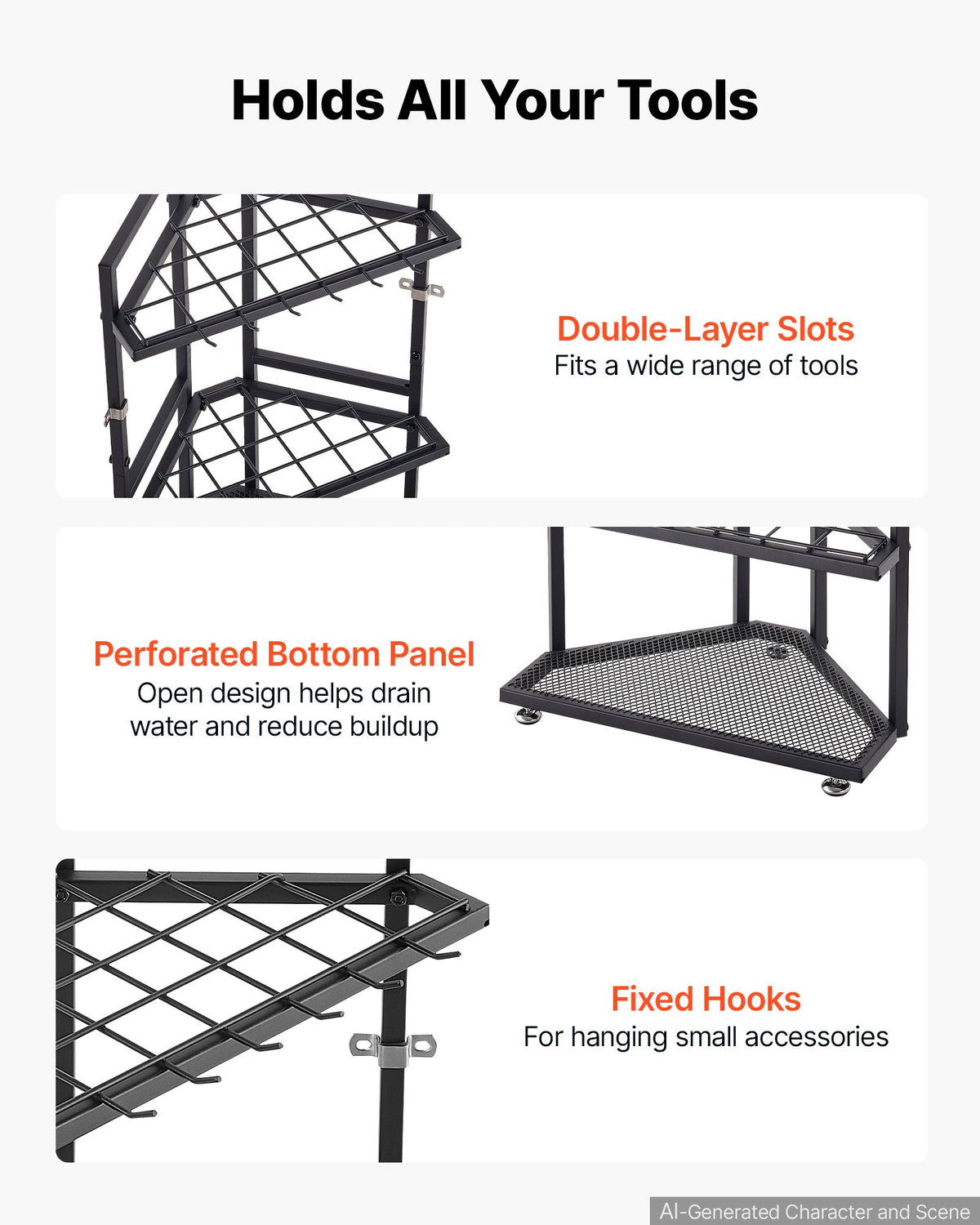 VEVOR Garden Tool Organizer for Corner, 17 Slots, Metal Garage Storage Rack, for Rakes/Shovels/Brooms, Yard Utility Tool Holder for Shed/Outdoor/Lawn Organization, Heavy-Duty Steel, with Hooks, Black - CKGJSNJXXJSCLFFS8001V0 - view 4