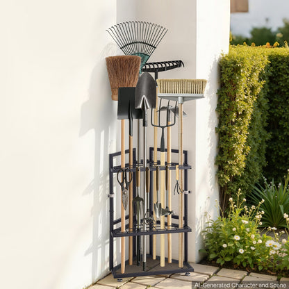 VEVOR Garden Tool Organizer for Corner, 17 Slots, Metal Garage Storage Rack, for Rakes/Shovels/Brooms, Yard Utility Tool Holder for Shed/Outdoor/Lawn Organization, Heavy-Duty Steel, with Hooks, Black - CKGJSNJXXJSCLFFS8001V0 - view 9
