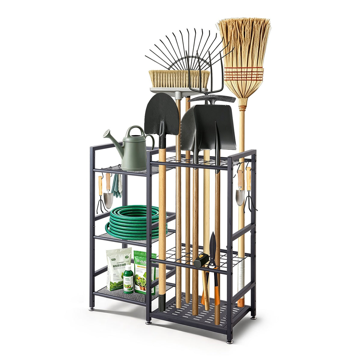 VEVOR Garden Tool Organizer with Guard Rail, 3-Tier Metal Storage Rack, for Rakes/Shovels/Brooms, Yard Utility Holder for Garage/Shed/Outdoor/Lawn Organization, Heavy-Duty Steel, with Hooks, Black - CKGJSNJZXJSCGDNCP001V0 - view 1