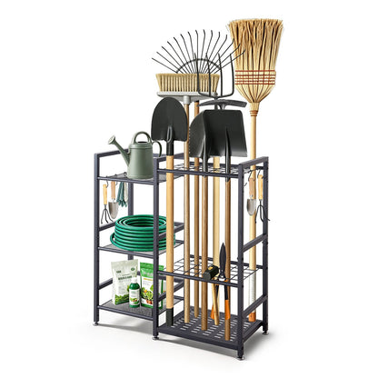 VEVOR Garden Tool Organizer with Guard Rail, 3-Tier Metal Storage Rack, for Rakes/Shovels/Brooms, Yard Utility Holder for Garage/Shed/Outdoor/Lawn Organization, Heavy-Duty Steel, with Hooks, Black - CKGJSNJZXJSCGDNCP001V0 - view 1