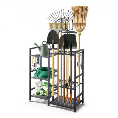 VEVOR Garden Tool Organizer with Guard Rail, 3-Tier Metal Storage Rack, for Rakes/Shovels/Brooms, Yard Utility Holder for Garage/Shed/Outdoor/Lawn Organization, Heavy-Duty Steel, with Hooks, Black - CKGJSNJZXJSCGDNCP001V0 - view 2