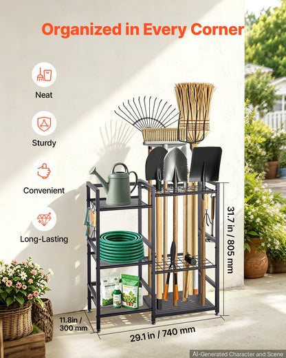 VEVOR Garden Tool Organizer with Guard Rail, 3-Tier Metal Storage Rack, for Rakes/Shovels/Brooms, Yard Utility Holder for Garage/Shed/Outdoor/Lawn Organization, Heavy-Duty Steel, with Hooks, Black - CKGJSNJZXJSCGDNCP001V0 - view 3
