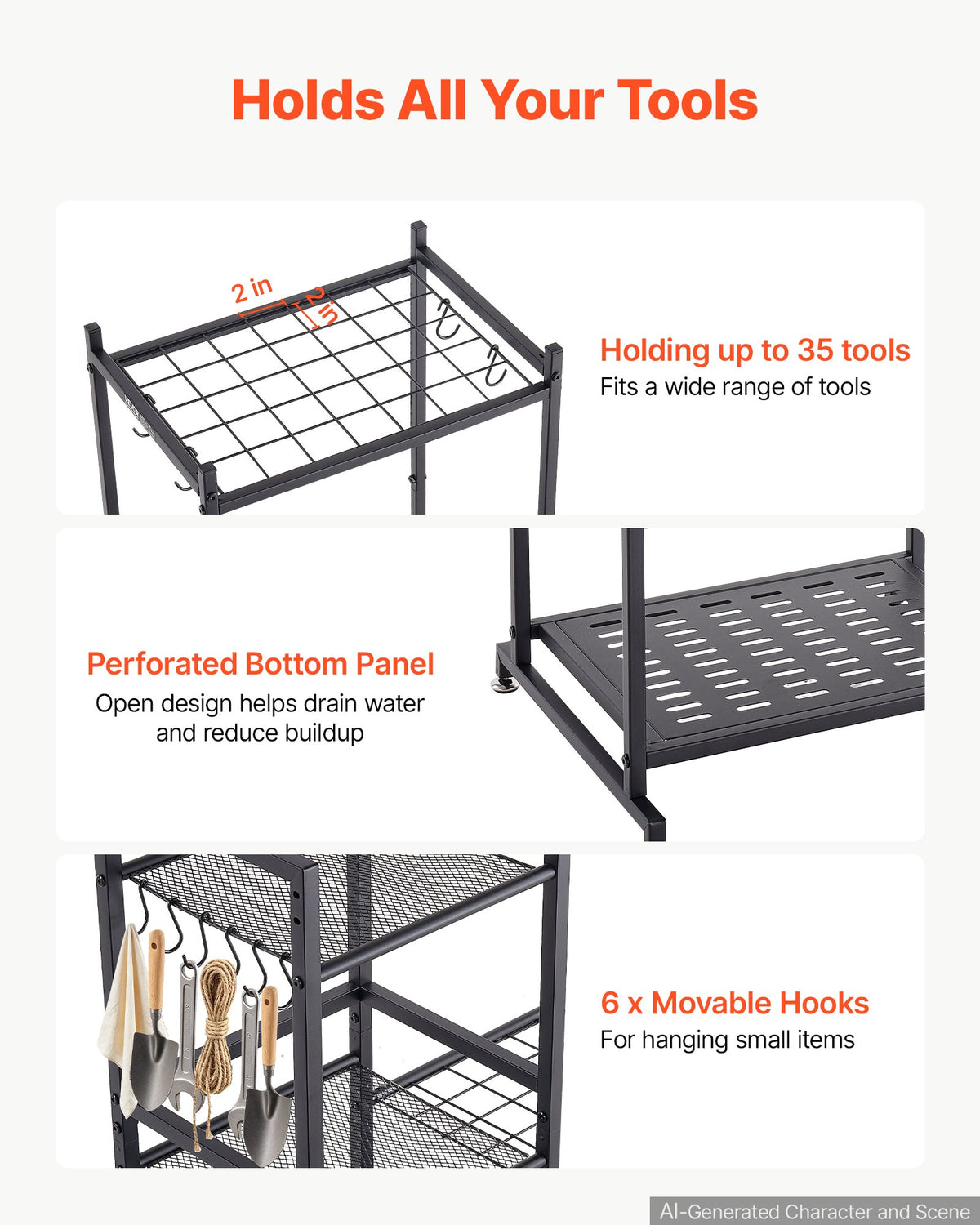 VEVOR Garden Tool Organizer with Guard Rail, 3-Tier Metal Storage Rack, for Rakes/Shovels/Brooms, Yard Utility Holder for Garage/Shed/Outdoor/Lawn Organization, Heavy-Duty Steel, with Hooks, Black - CKGJSNJZXJSCGDNCP001V0 - view 4