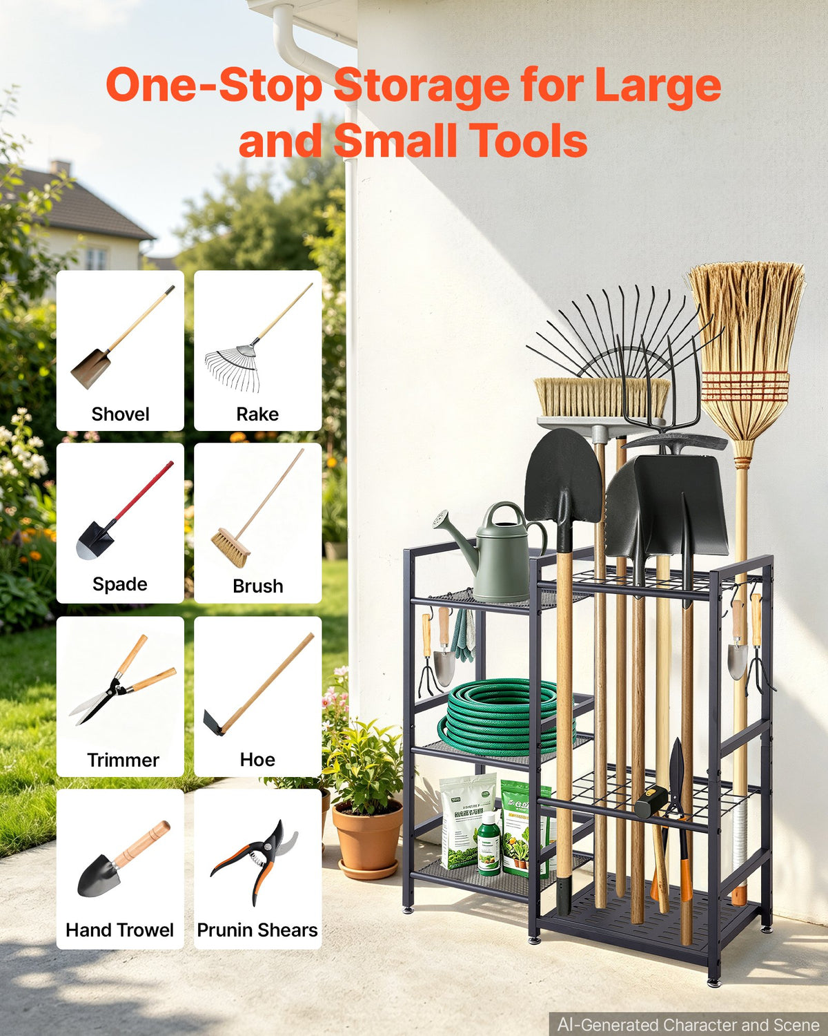 VEVOR Garden Tool Organizer with Guard Rail, 3-Tier Metal Storage Rack, for Rakes/Shovels/Brooms, Yard Utility Holder for Garage/Shed/Outdoor/Lawn Organization, Heavy-Duty Steel, with Hooks, Black - CKGJSNJZXJSCGDNCP001V0 - view 6