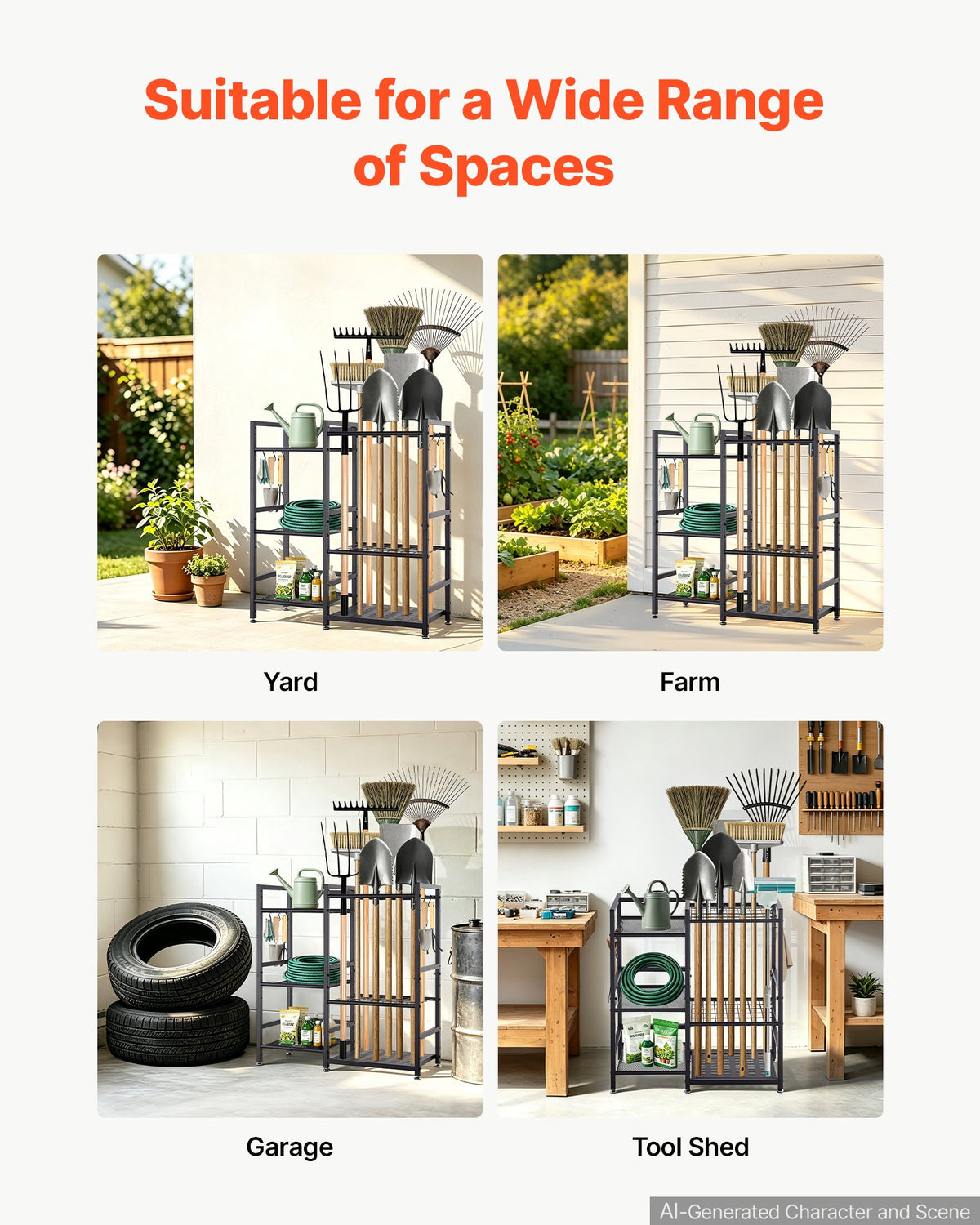 VEVOR Garden Tool Organizer with Guard Rail, 3-Tier Metal Storage Rack, for Rakes/Shovels/Brooms, Yard Utility Holder for Garage/Shed/Outdoor/Lawn Organization, Heavy-Duty Steel, with Hooks, Black - CKGJSNJZXJSCGDNCP001V0 - view 7