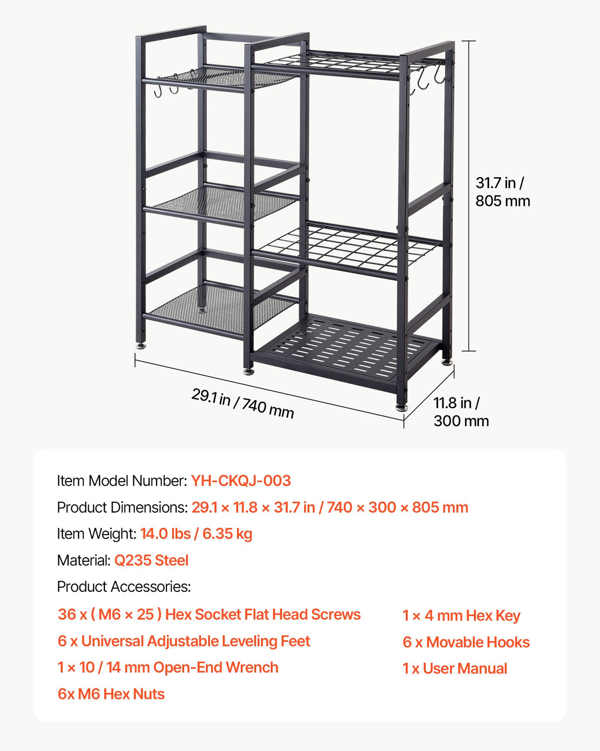 VEVOR Garden Tool Organizer with Guard Rail, 3-Tier Metal Storage Rack, for Rakes/Shovels/Brooms, Yard Utility Holder for Garage/Shed/Outdoor/Lawn Organization, Heavy-Duty Steel, with Hooks, Black - CKGJSNJZXJSCGDNCP001V0 - view 8
