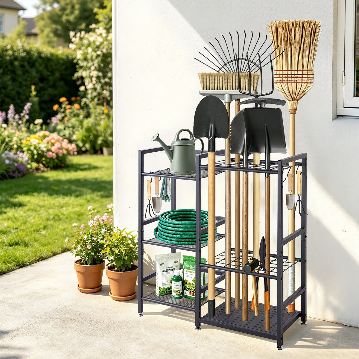 VEVOR Garden Tool Organizer with Guard Rail, 3-Tier Metal Storage Rack, for Rakes/Shovels/Brooms, Yard Utility Holder for Garage/Shed/Outdoor/Lawn Organization, Heavy-Duty Steel, with Hooks, Black - CKGJSNJZXJSCGDNCP001V0 - view 9