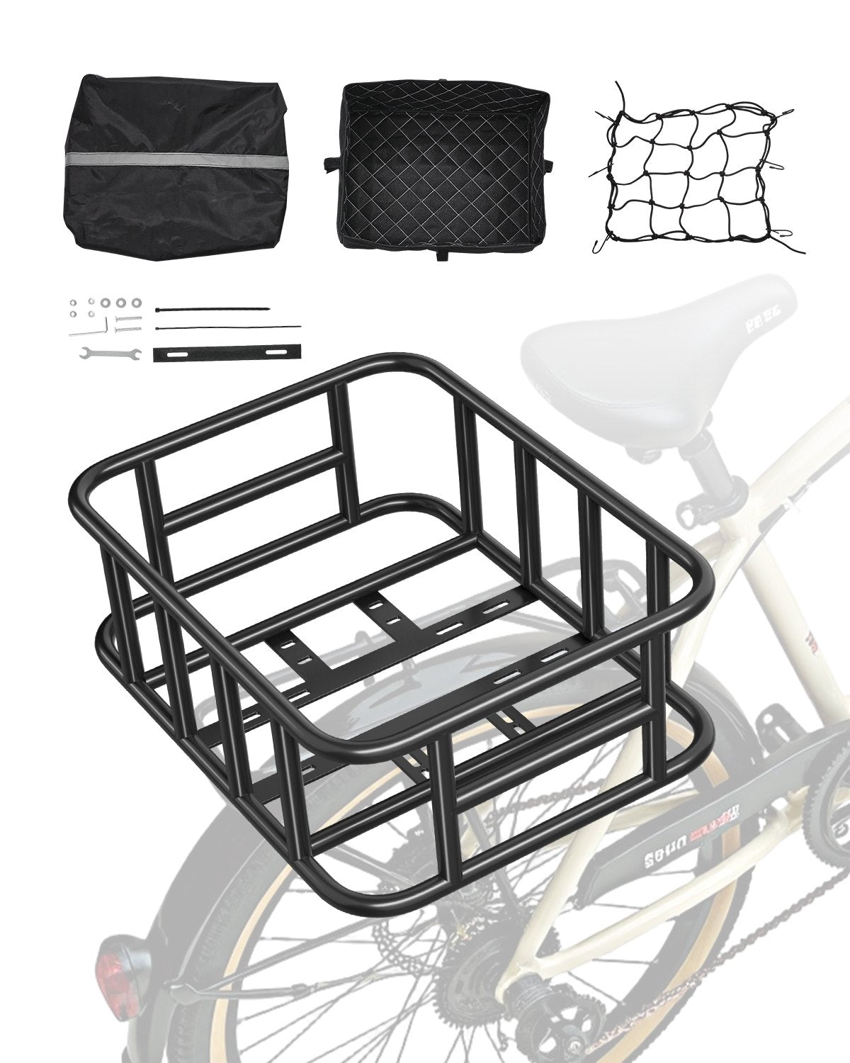 VEVOR Rear Bike Basket, Medium Bicycle Basket with Cargo Net, Liner & Waterproof Cover, Heavy Duty Bike Back Basket for Adult Women/Men Carrying Dogs, Pets, Fruit & Grocery, Mounting Tools Included - CKHXJSGZYNCBKTWSAV0 - view 1