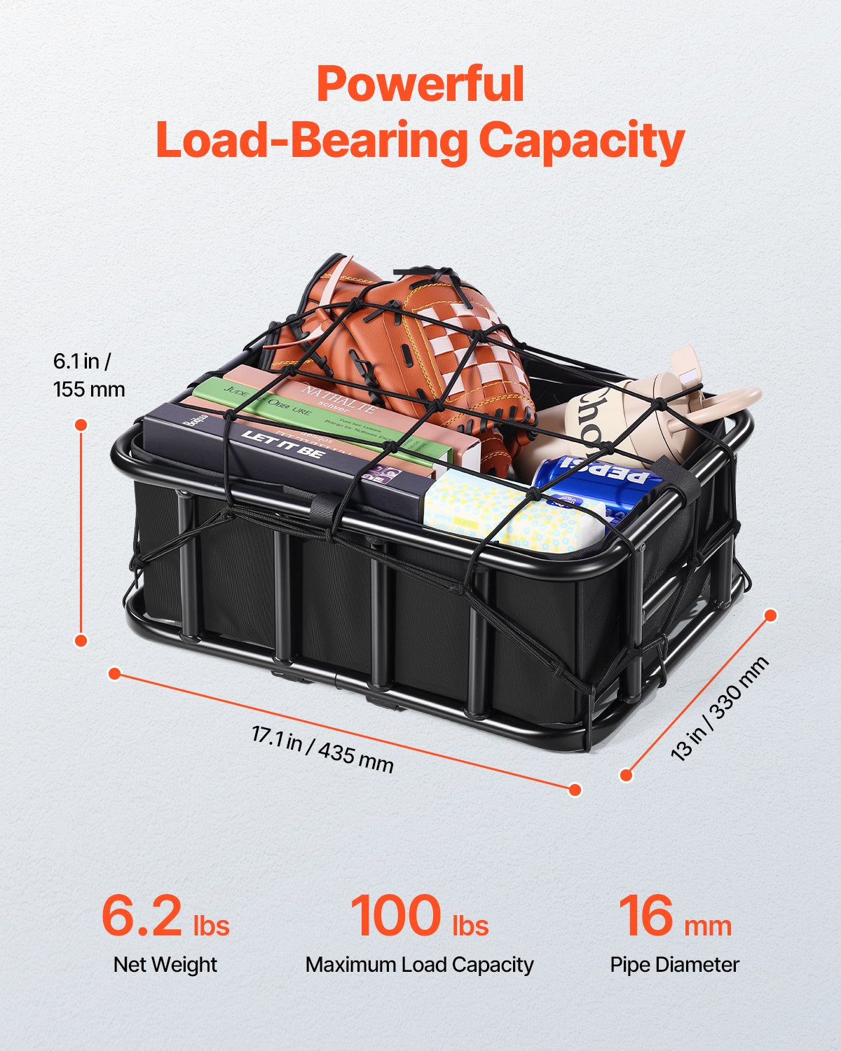 VEVOR Rear Bike Basket, Medium Bicycle Basket with Cargo Net, Liner & Waterproof Cover, Heavy Duty Bike Back Basket for Adult Women/Men Carrying Dogs, Pets, Fruit & Grocery, Mounting Tools Included - CKHXJSGZYNCBKTWSAV0 - view 3