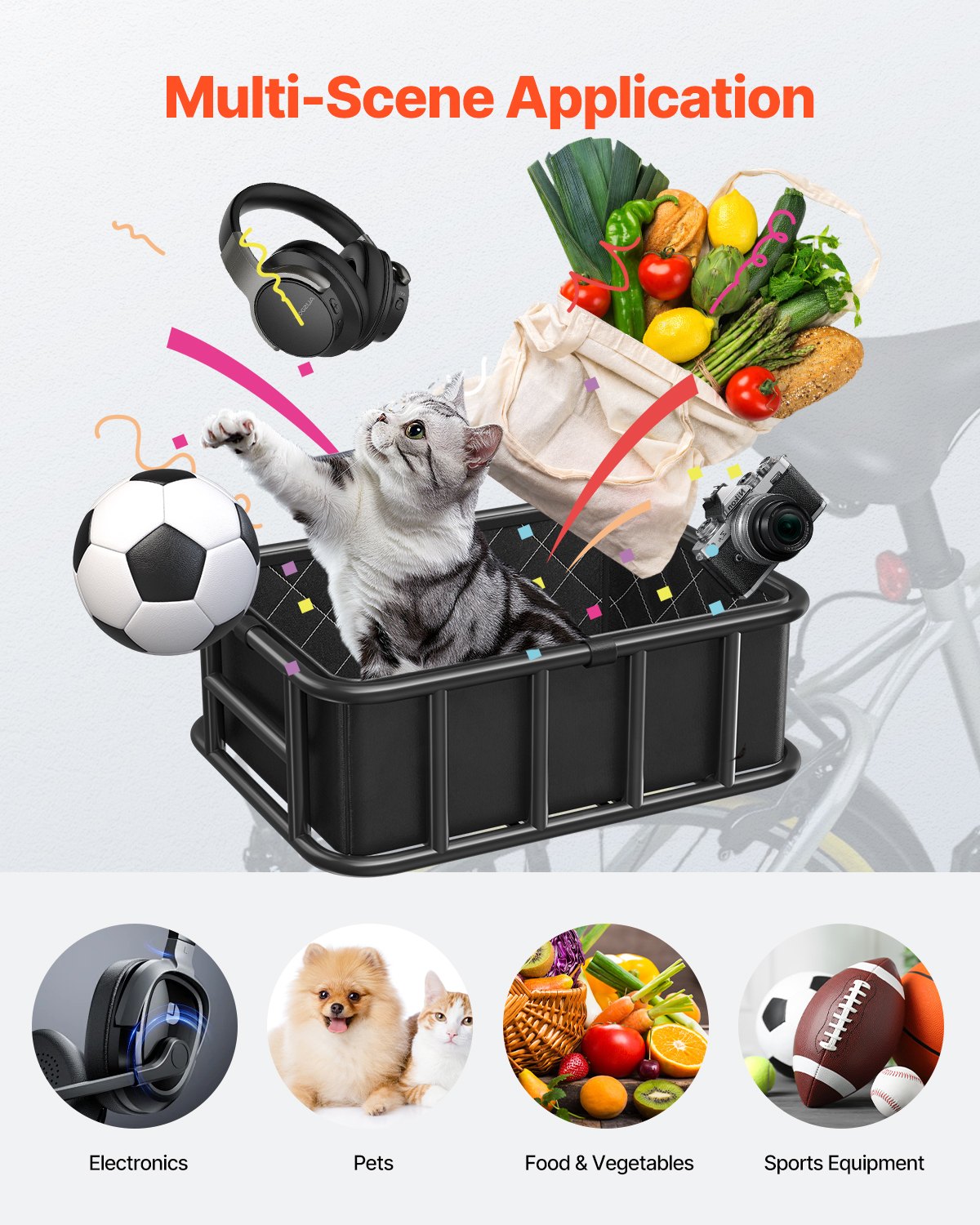 VEVOR Rear Bike Basket, Medium Bicycle Basket with Cargo Net, Liner & Waterproof Cover, Heavy Duty Bike Back Basket for Adult Women/Men Carrying Dogs, Pets, Fruit & Grocery, Mounting Tools Included - CKHXJSGZYNCBKTWSAV0 - view 5