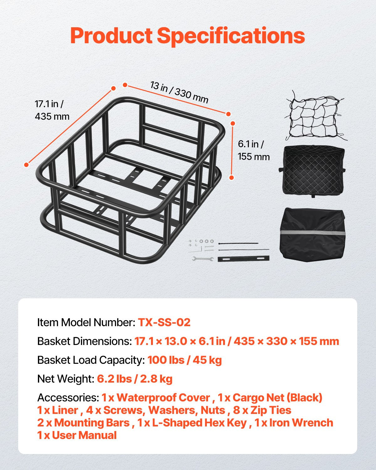 VEVOR Rear Bike Basket, Medium Bicycle Basket with Cargo Net, Liner & Waterproof Cover, Heavy Duty Bike Back Basket for Adult Women/Men Carrying Dogs, Pets, Fruit & Grocery, Mounting Tools Included - CKHXJSGZYNCBKTWSAV0 - view 8