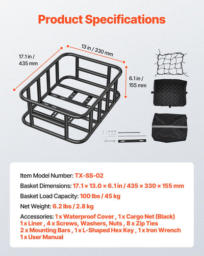 VEVOR Rear Bike Basket, Medium Bicycle Basket with Cargo Net, Liner & Waterproof Cover, Heavy Duty Bike Back Basket for Adult Women/Men Carrying Dogs, Pets, Fruit & Grocery, Mounting Tools Included - CKHXJSGZYNCBKTWSAV0 - view 8