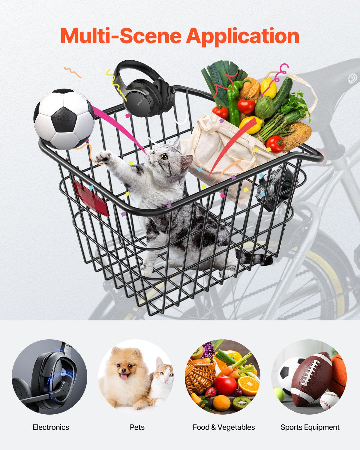 VEVOR Rear Bike Basket, Metal Wire Bicycle Basket with Reflective Tail Light & Waterproof Cover, Durable Bike Back Basket, Fits to Most Rear Bike Racks - CKHXJSSZWNCBXWH3VV0 - view 5