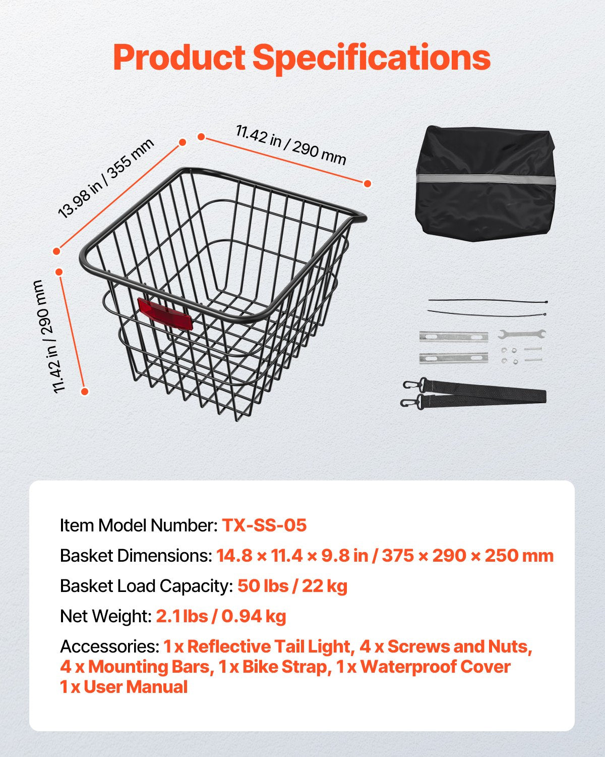 VEVOR Rear Bike Basket, Metal Wire Bicycle Basket with Reflective Tail Light & Waterproof Cover, Durable Bike Back Basket, Fits to Most Rear Bike Racks - CKHXJSSZWNCBXWH3VV0 - view 8