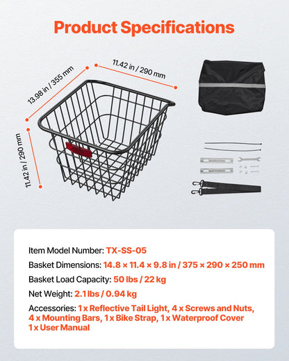 VEVOR Rear Bike Basket, Metal Wire Bicycle Basket with Reflective Tail Light & Waterproof Cover, Durable Bike Back Basket, Fits to Most Rear Bike Racks - CKHXJSSZWNCBXWH3VV0 - view 8