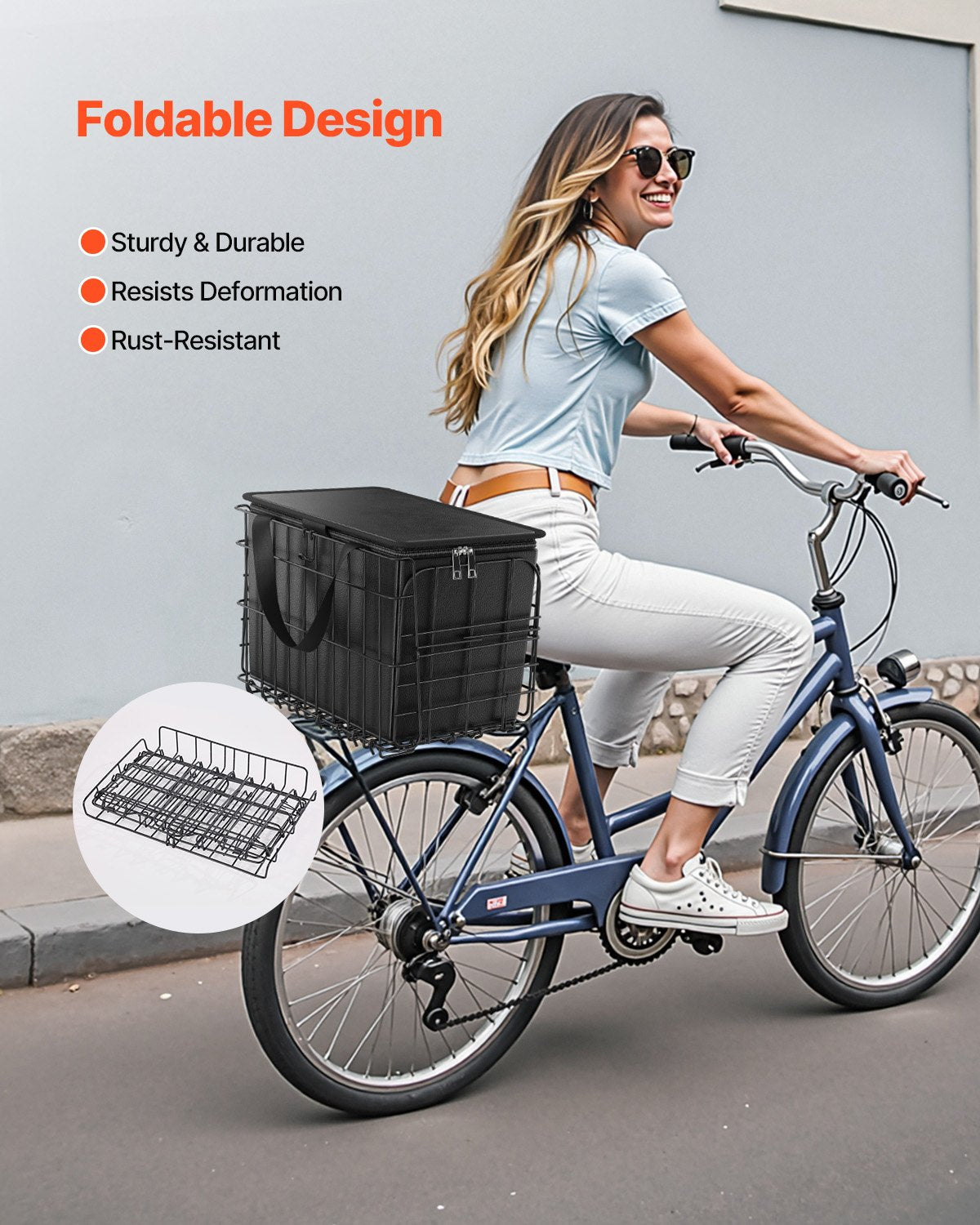 VEVOR Rear Bike Basket, Folding Wire Bicycle Basket with Cargo Net, Removable Liner Bag & Waterproof Cover, Quick Release Design Bike Basket for Adult Women/Men Carrying Dogs Pets Fruit & Grocery - CKHXJSSZYNCKOWR9SV0 - view 4