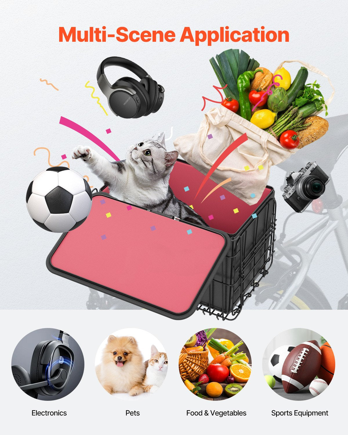 VEVOR Rear Bike Basket, Folding Wire Bicycle Basket with Cargo Net, Removable Liner Bag & Waterproof Cover, Quick Release Design Bike Basket for Adult Women/Men Carrying Dogs Pets Fruit & Grocery - CKHXJSSZYNCKOWR9SV0 - view 5