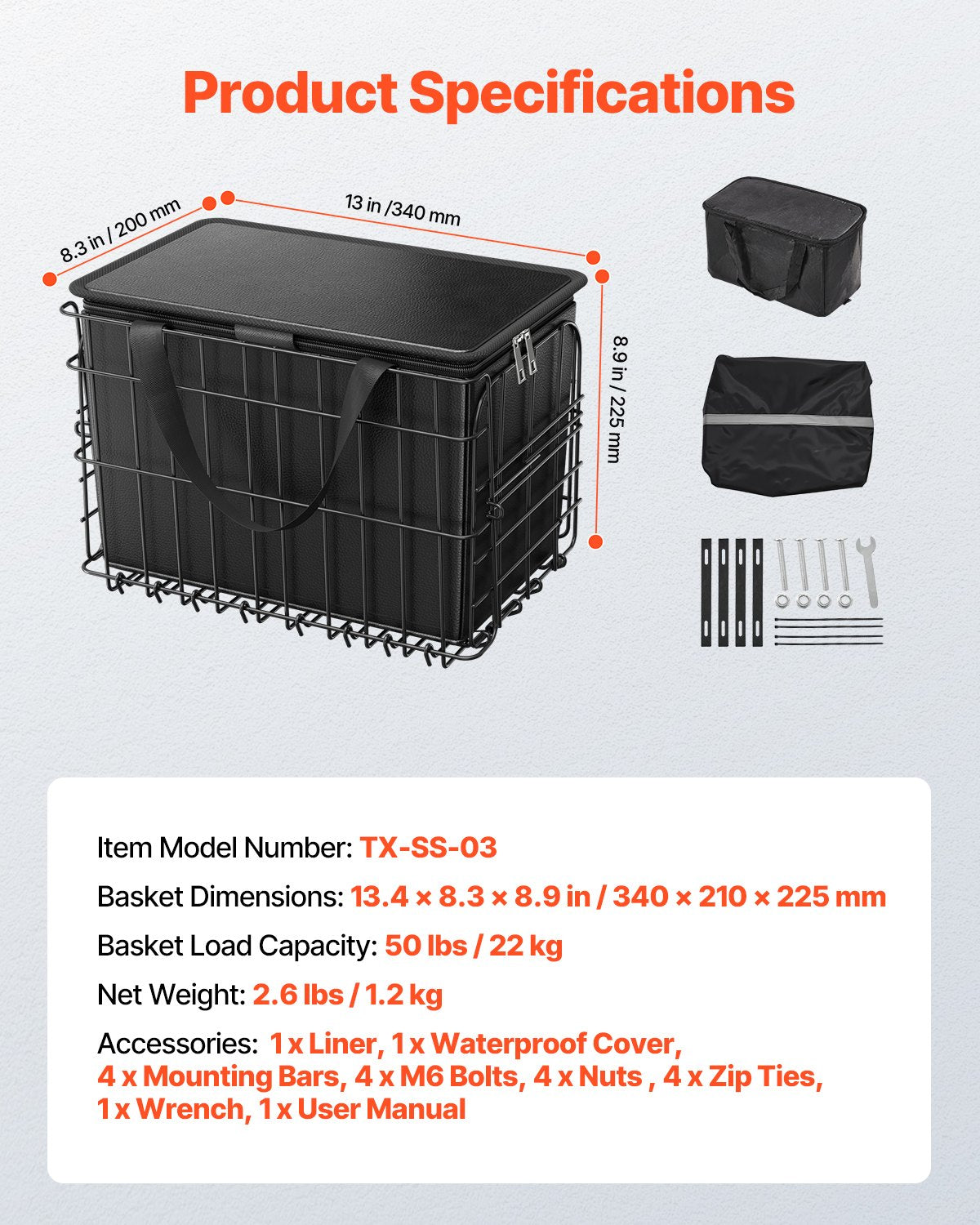 VEVOR Rear Bike Basket, Folding Wire Bicycle Basket with Cargo Net, Removable Liner Bag & Waterproof Cover, Quick Release Design Bike Basket for Adult Women/Men Carrying Dogs Pets Fruit & Grocery - CKHXJSSZYNCKOWR9SV0 - view 8