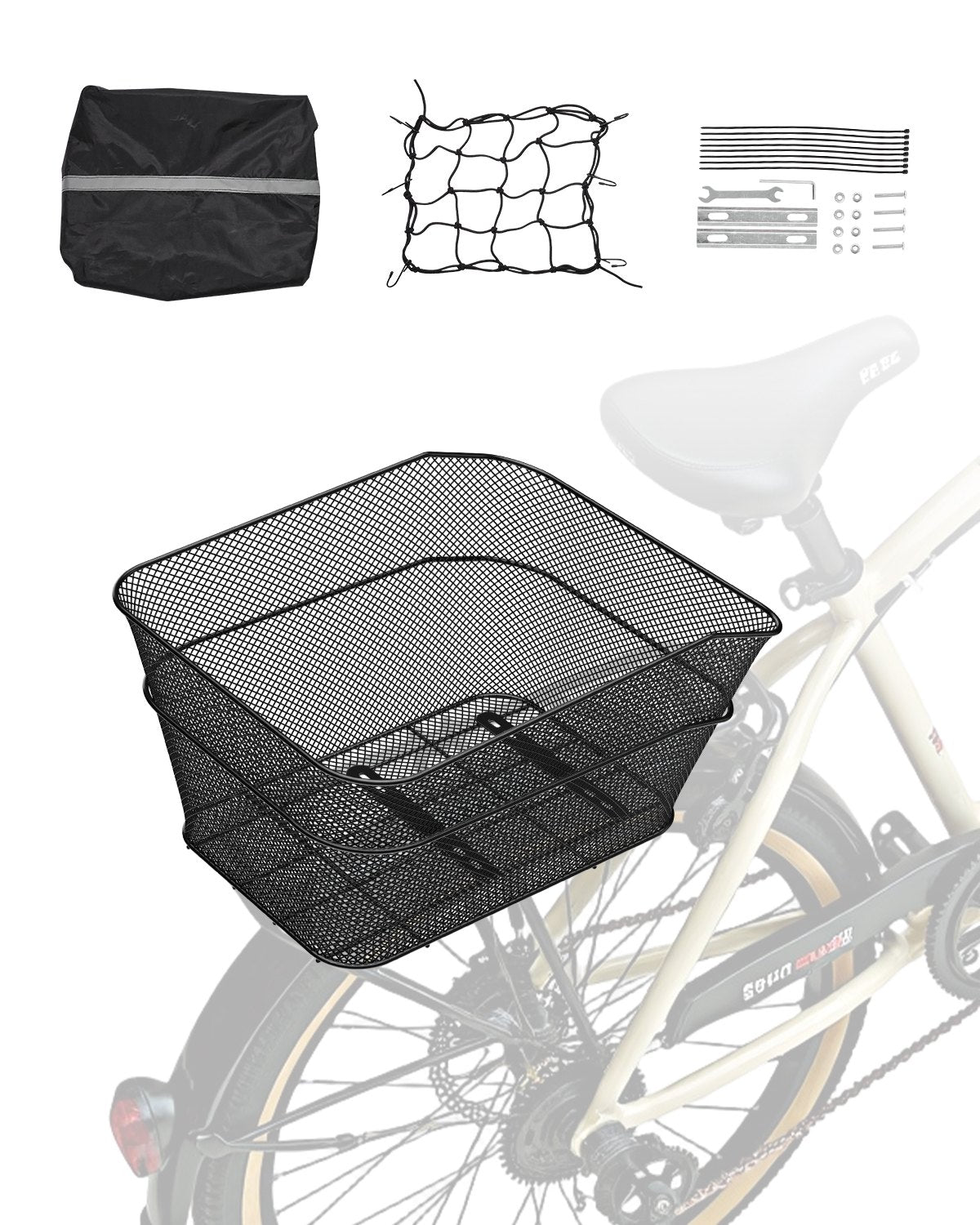 VEVOR Rear Bike Basket, Wire Mesh Bicycle Basket with Cargo Net & Waterproof Cover, Durable Metal Bike Back Basket, Fits Most Rear Bike Racks, Mounting Tools Included - CKHXJSWZWNCB7AA7WV0 - view 1