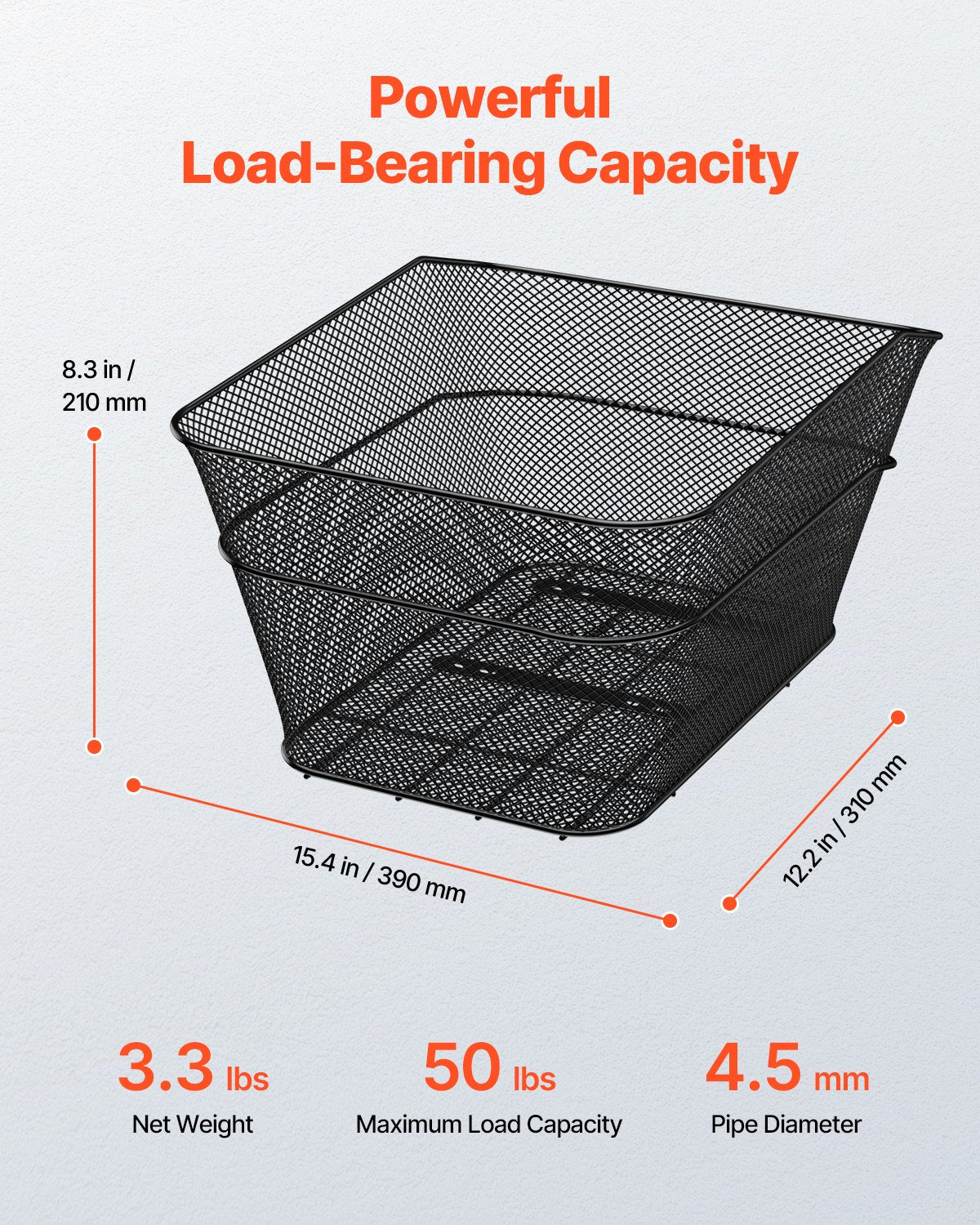 VEVOR Rear Bike Basket, Wire Mesh Bicycle Basket with Cargo Net & Waterproof Cover, Durable Metal Bike Back Basket, Fits Most Rear Bike Racks, Mounting Tools Included - CKHXJSWZWNCB7AA7WV0 - view 3