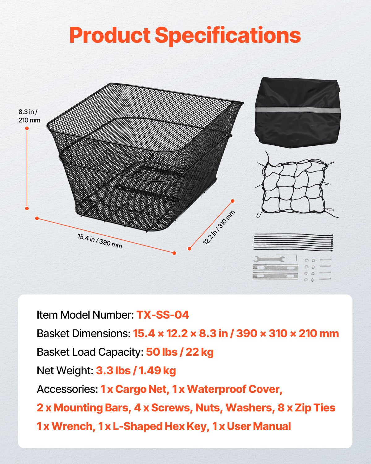 VEVOR Rear Bike Basket, Wire Mesh Bicycle Basket with Cargo Net & Waterproof Cover, Durable Metal Bike Back Basket, Fits Most Rear Bike Racks, Mounting Tools Included - CKHXJSWZWNCB7AA7WV0 - view 8
