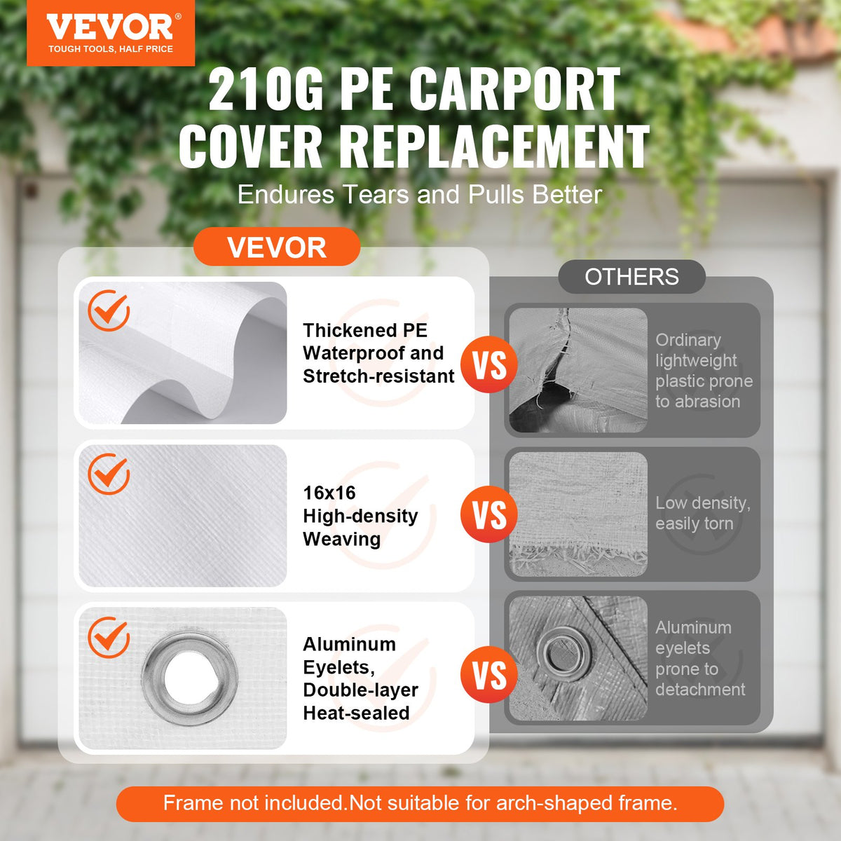 VEVOR 10 x 20 ft Carport Replacement Canopy Cover, Garage Top Tent Shelter Tarp Heavy-Duty Waterproof & UV Protected, Easy Installation with 40 Ball Bungeess (Only Top Cover, Frame Not Include), White - CKPB10X20FTB3Z2RRV0 - view 3