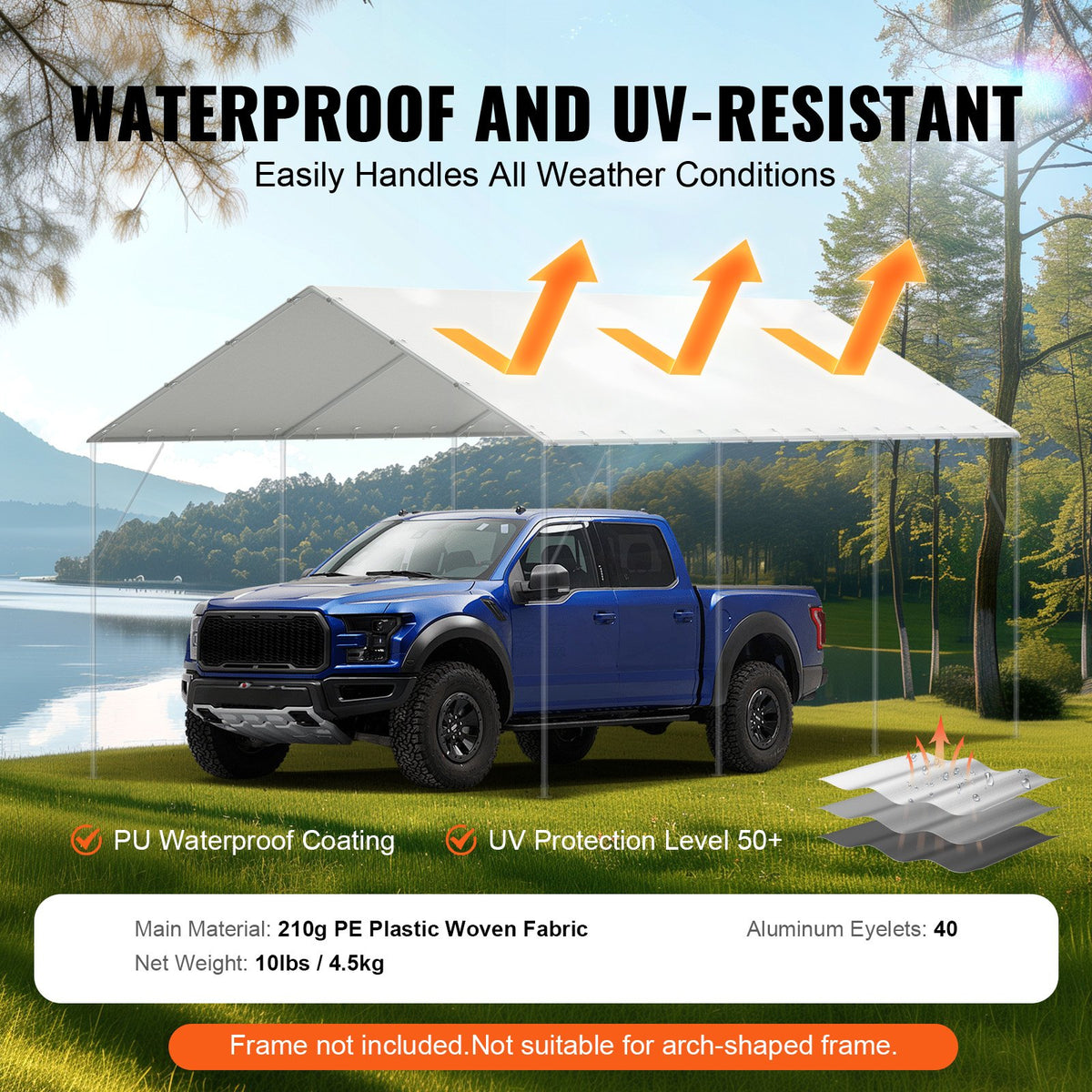 VEVOR 10 x 20 ft Carport Replacement Canopy Cover, Garage Top Tent Shelter Tarp Heavy-Duty Waterproof & UV Protected, Easy Installation with 40 Ball Bungeess (Only Top Cover, Frame Not Include), White - CKPB10X20FTB3Z2RRV0 - view 4
