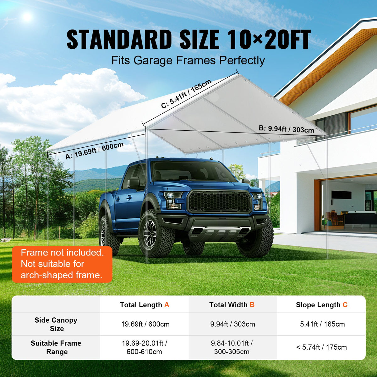 VEVOR 10 x 20 ft Carport Replacement Canopy Cover, Garage Top Tent Shelter Tarp Heavy-Duty Waterproof & UV Protected, Easy Installation with 40 Ball Bungeess (Only Top Cover, Frame Not Include), White - CKPB10X20FTB3Z2RRV0 - view 5