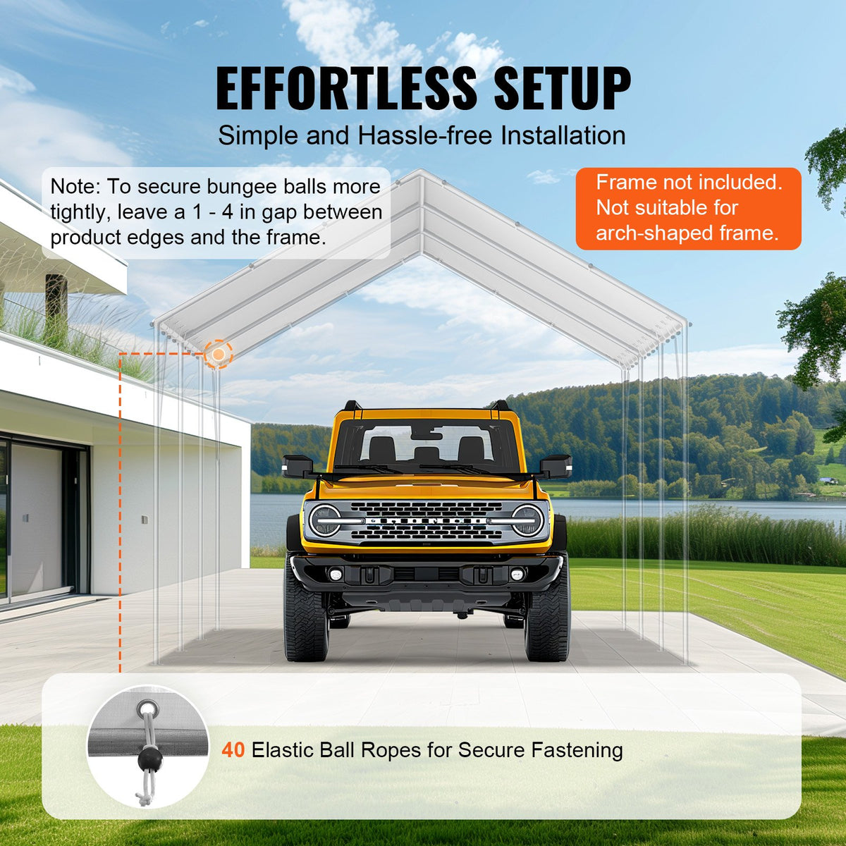 VEVOR 10 x 20 ft Carport Replacement Canopy Cover, Garage Top Tent Shelter Tarp Heavy-Duty Waterproof & UV Protected, Easy Installation with 40 Ball Bungeess (Only Top Cover, Frame Not Include), White - CKPB10X20FTB3Z2RRV0 - view 6