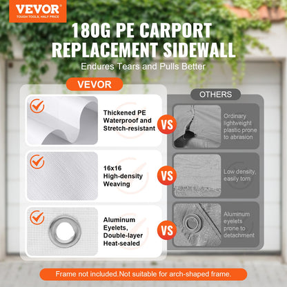 VEVOR Carport Replacement Canopy Cover Side Wall 10 x 20 ft, Garage Tent Shelter Tarp Heavy-Duty Waterproof & UV Protected, Easy Installation with Ball Bungees,White (Top and Frame Not Included) - CKPB10X20FTB4WT93V0 - view 3
