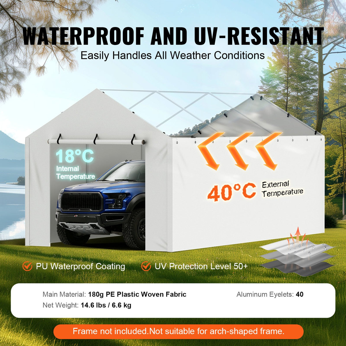 VEVOR Carport Replacement Canopy Cover Side Wall 10 x 20 ft, Garage Tent Shelter Tarp Heavy-Duty Waterproof & UV Protected, Easy Installation with Ball Bungees,White (Top and Frame Not Included) - CKPB10X20FTB4WT93V0 - view 4