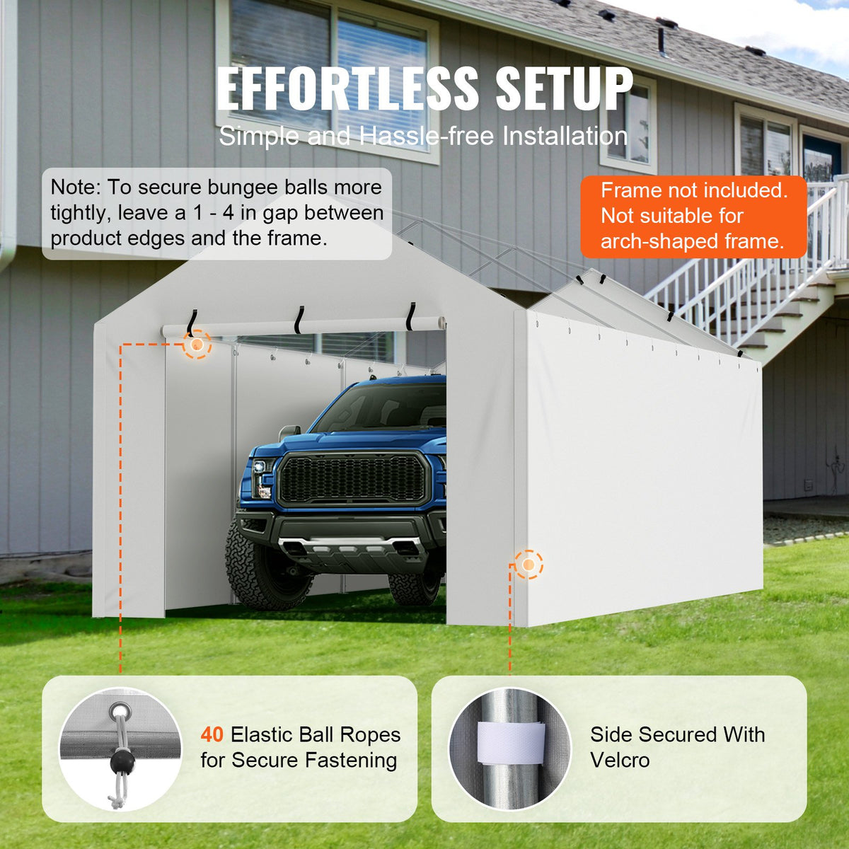 VEVOR Carport Replacement Canopy Cover Side Wall 10 x 20 ft, Garage Tent Shelter Tarp Heavy-Duty Waterproof & UV Protected, Easy Installation with Ball Bungees,White (Top and Frame Not Included) - CKPB10X20FTB4WT93V0 - view 6