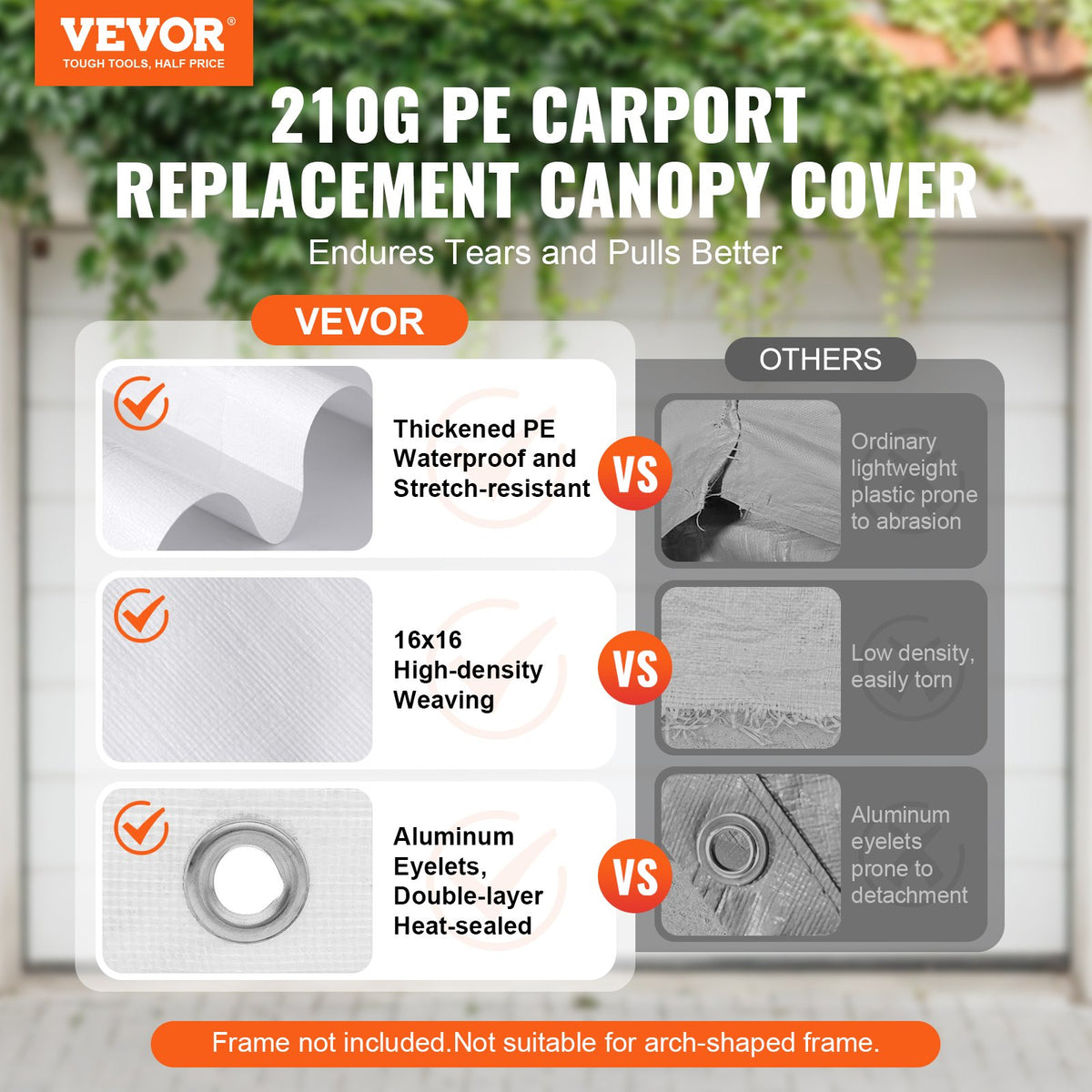 VEVOR Carport Replacement Canopy Cover 10 x 20 ft, Garage Top Tent Shelter Tarp Heavy-Duty Waterproof & UV Protected, Easy Installation with Ball Bungees,White (Only Top Cover, Frame Not Include) - CKPB10X20FTD1VXCBV0 - view 3
