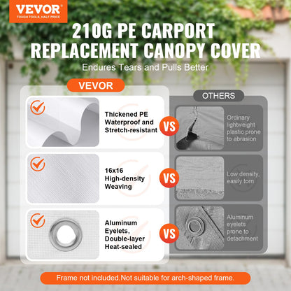 VEVOR Carport Replacement Canopy Cover 10 x 20 ft, Garage Top Tent Shelter Tarp Heavy-Duty Waterproof & UV Protected, Easy Installation with Ball Bungees,White (Only Top Cover, Frame Not Include) - CKPB10X20FTD1VXCBV0 - view 3
