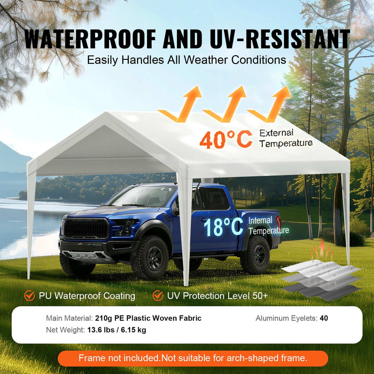 VEVOR Carport Replacement Canopy Cover 10 x 20 ft, Garage Top Tent Shelter Tarp Heavy-Duty Waterproof & UV Protected, Easy Installation with Ball Bungees,White (Only Top Cover, Frame Not Include) - CKPB10X20FTD1VXCBV0 - view 4