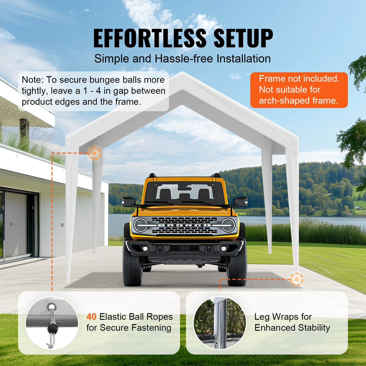 VEVOR Carport Replacement Canopy Cover 10 x 20 ft, Garage Top Tent Shelter Tarp Heavy-Duty Waterproof & UV Protected, Easy Installation with Ball Bungees,White (Only Top Cover, Frame Not Include) - CKPB10X20FTD1VXCBV0 - view 6