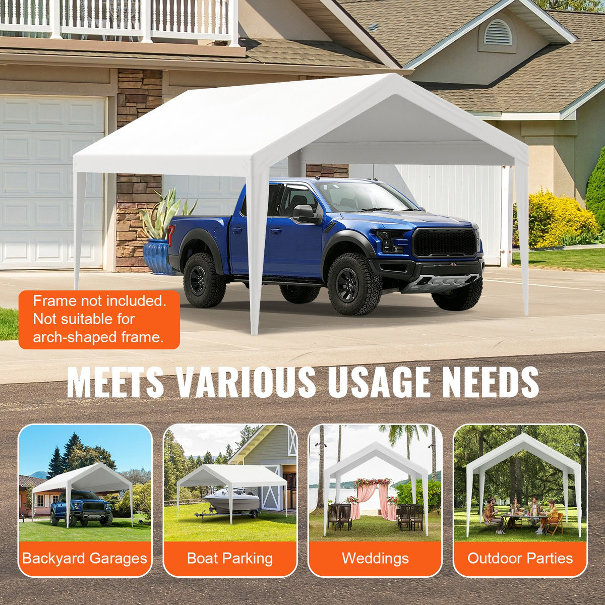 VEVOR Carport Replacement Canopy Cover 10 x 20 ft, Garage Top Tent Shelter Tarp Heavy-Duty Waterproof & UV Protected, Easy Installation with Ball Bungees,White (Only Top Cover, Frame Not Include) - CKPB10X20FTD1VXCBV0 - view 8