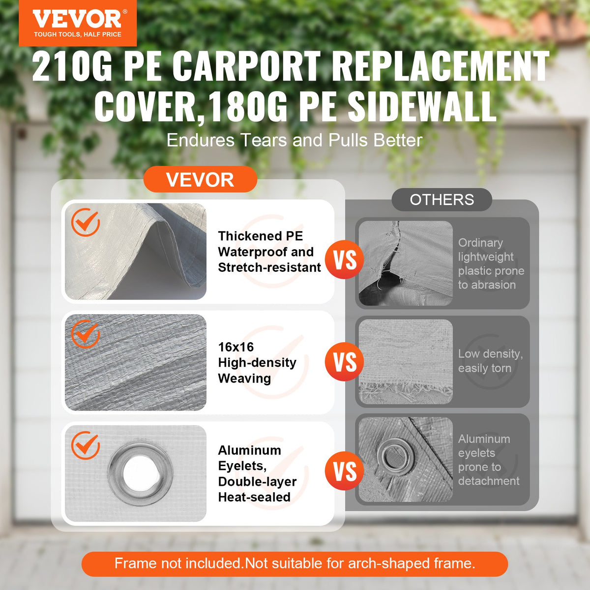 VEVOR Carport Replacement Canopy Cover Top + Side Wall 10 x 20 ft, Garage Tent Shelter Tarp Heavy-Duty Waterproof & UV Protected, Easy Installation with Ball Bungees,Grey (Frame Not Included) - CKPB10X20FTH27H20V0 - view 3