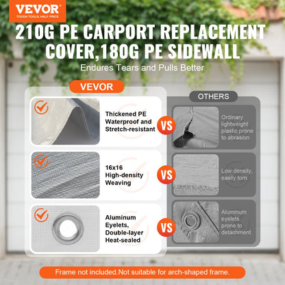 VEVOR Carport Replacement Canopy Cover Top + Side Wall 10 x 20 ft, Garage Tent Shelter Tarp Heavy-Duty Waterproof & UV Protected, Easy Installation with Ball Bungees,Grey (Frame Not Included) - CKPB10X20FTH27H20V0 - view 3