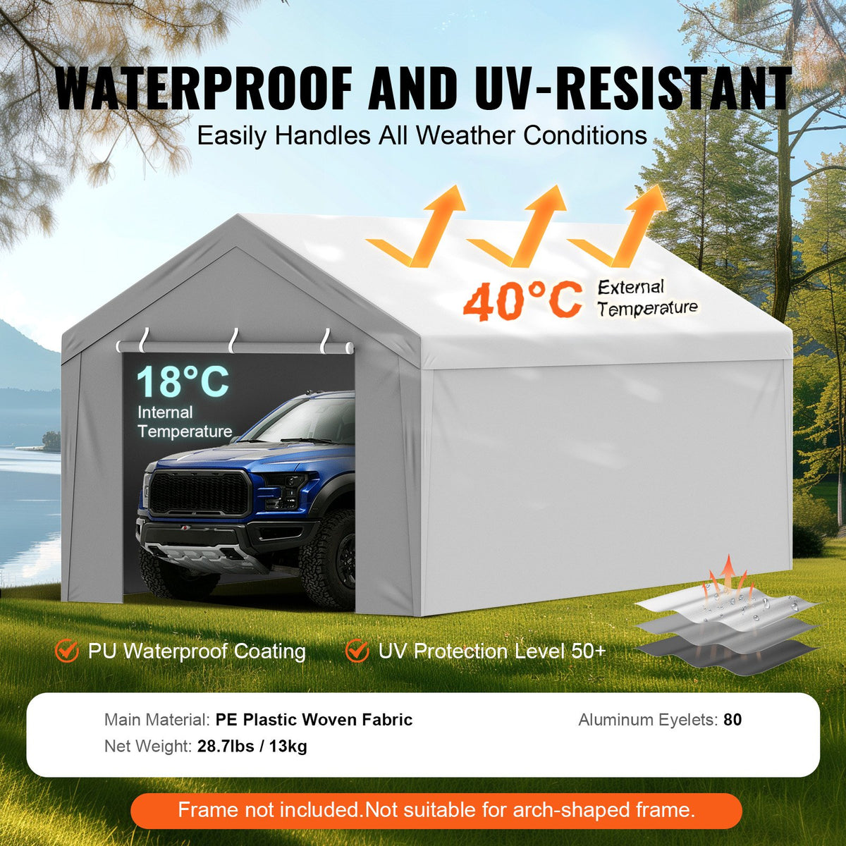VEVOR Carport Replacement Canopy Cover Top + Side Wall 10 x 20 ft, Garage Tent Shelter Tarp Heavy-Duty Waterproof & UV Protected, Easy Installation with Ball Bungees,Grey (Frame Not Included) - CKPB10X20FTH27H20V0 - view 4