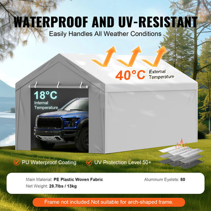 VEVOR Carport Replacement Canopy Cover Top + Side Wall 10 x 20 ft, Garage Tent Shelter Tarp Heavy-Duty Waterproof & UV Protected, Easy Installation with Ball Bungees,Grey (Frame Not Included) - CKPB10X20FTH27H20V0 - view 4