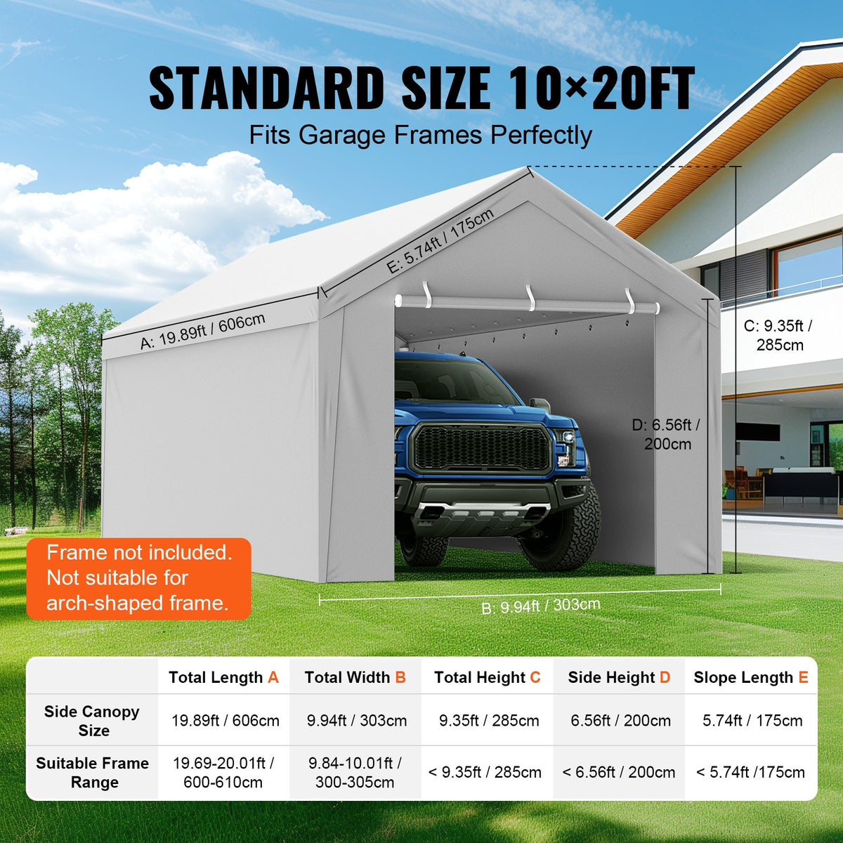 VEVOR Carport Replacement Canopy Cover Top + Side Wall 10 x 20 ft, Garage Tent Shelter Tarp Heavy-Duty Waterproof & UV Protected, Easy Installation with Ball Bungees,Grey (Frame Not Included) - CKPB10X20FTH27H20V0 - view 5