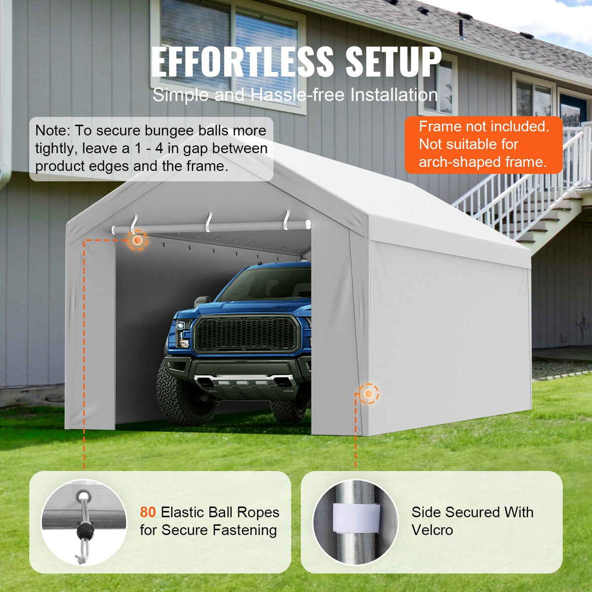 VEVOR Carport Replacement Canopy Cover Top + Side Wall 10 x 20 ft, Garage Tent Shelter Tarp Heavy-Duty Waterproof & UV Protected, Easy Installation with Ball Bungees,Grey (Frame Not Included) - CKPB10X20FTH27H20V0 - view 6