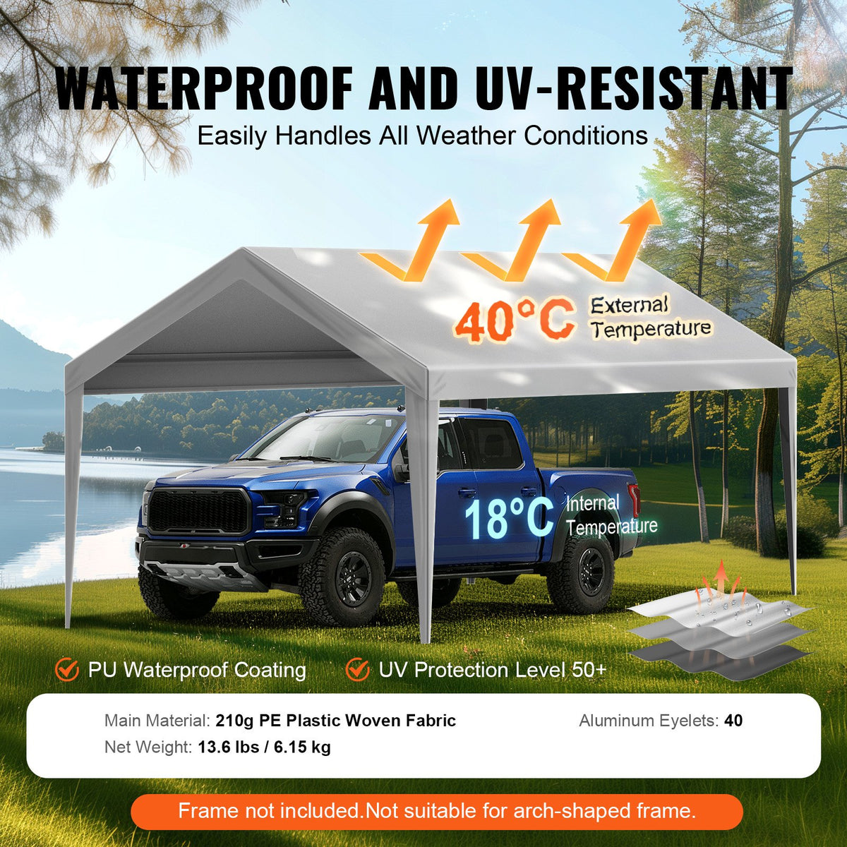 VEVOR Carport Replacement Canopy Cover 10 x 20 ft, Garage Top Tent Shelter Tarp Heavy-Duty Waterproof & UV Protected, Easy Installation with Ball Bungees,Grey (Only Top Cover, Frame Not Include) - CKPB10X20FTH2ELL4V0 - view 4